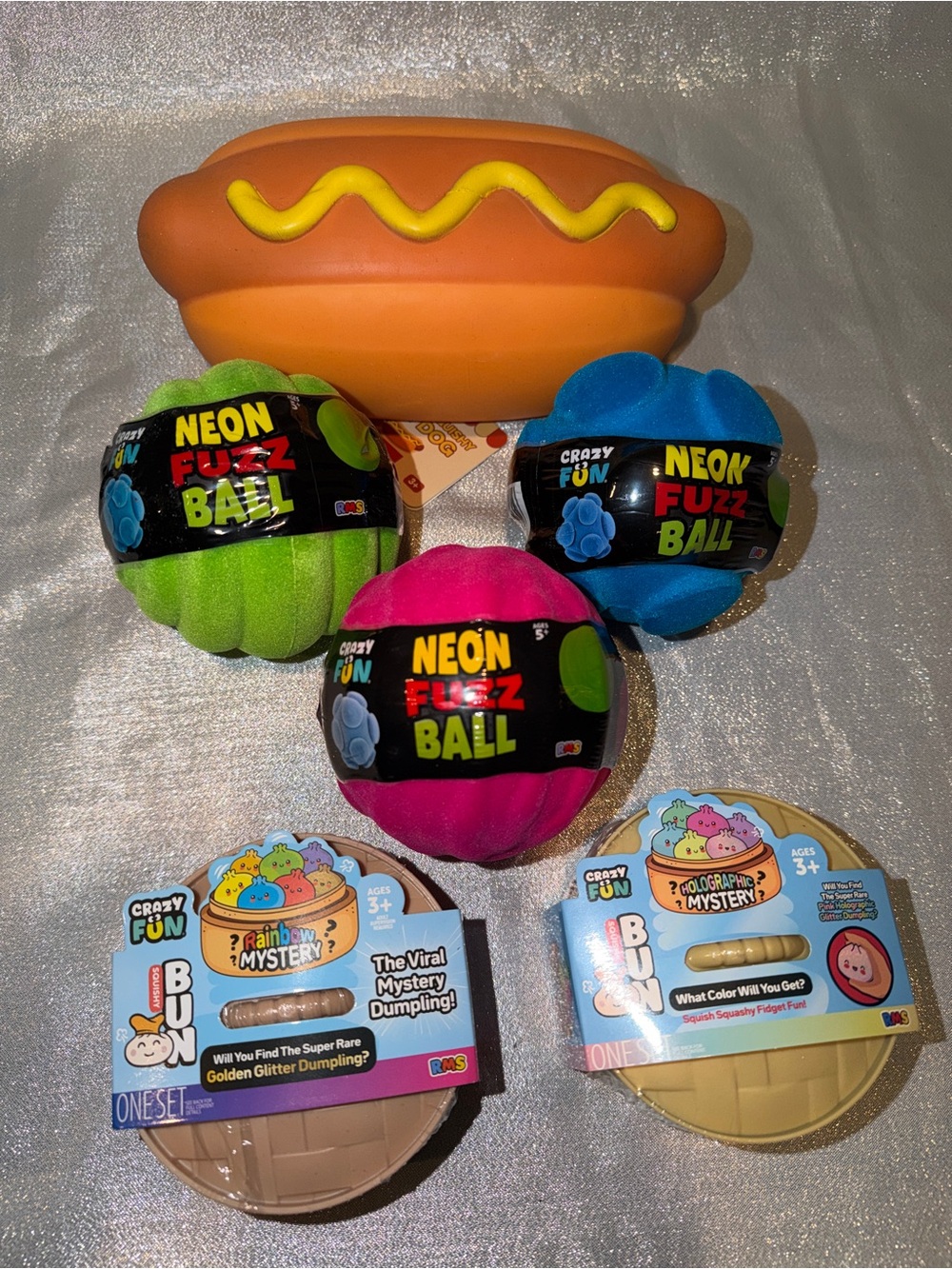 6 Items In All: 2 RMS Squishy Dumplings, 1 Squishy Hot Dog & 3 Neon Fuzz Balls
